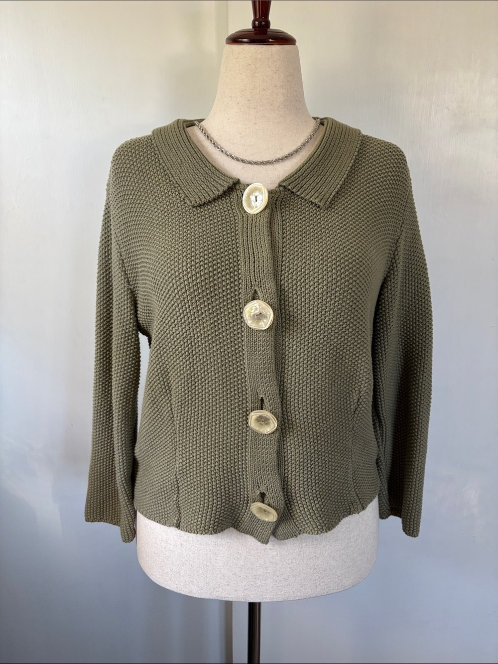 Willow Olive Green Knit Collar Cardigan with Large Buttons